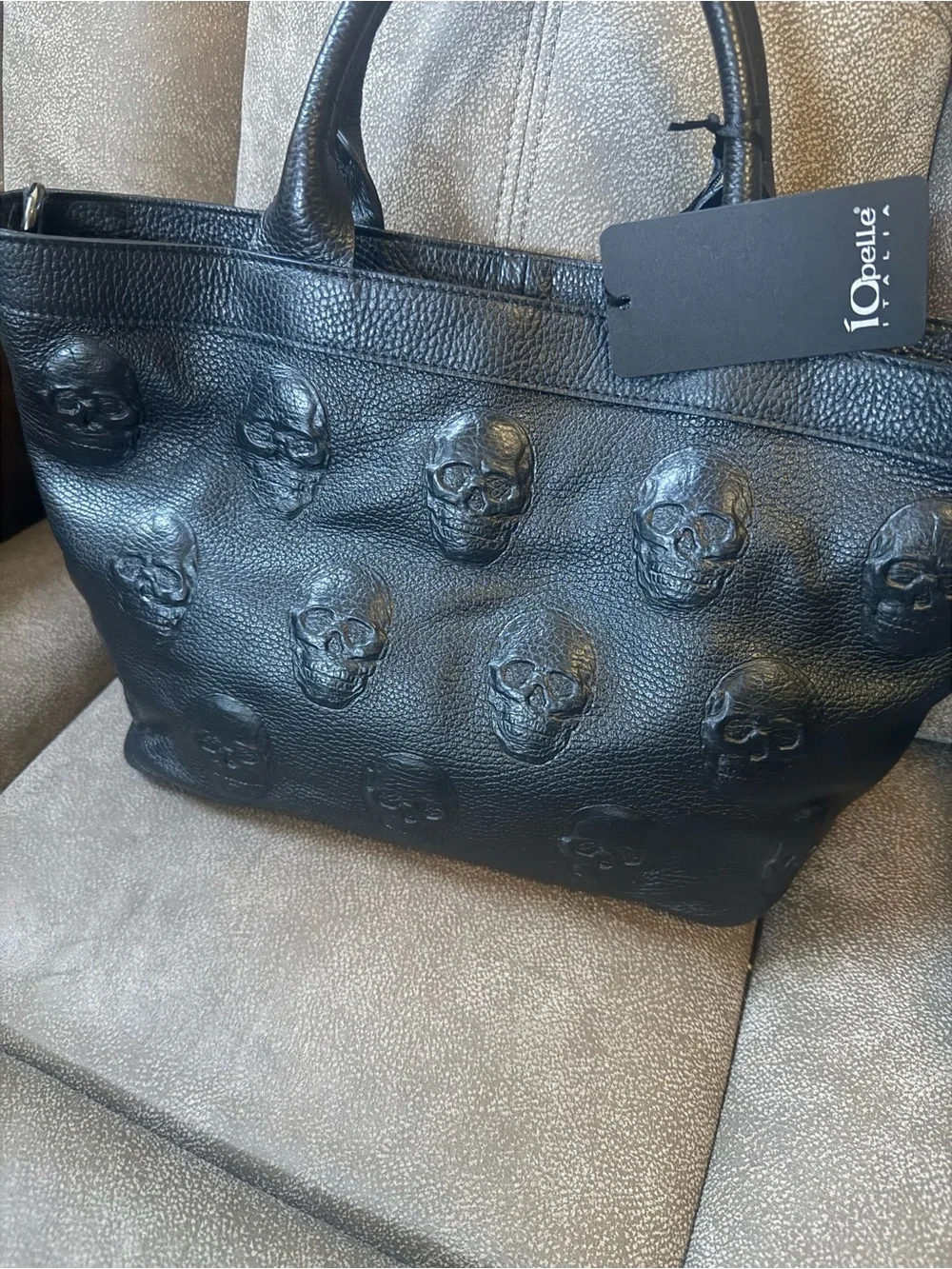 IO Pelle Black Embossed Skull Leather Tote Bag - BNWT